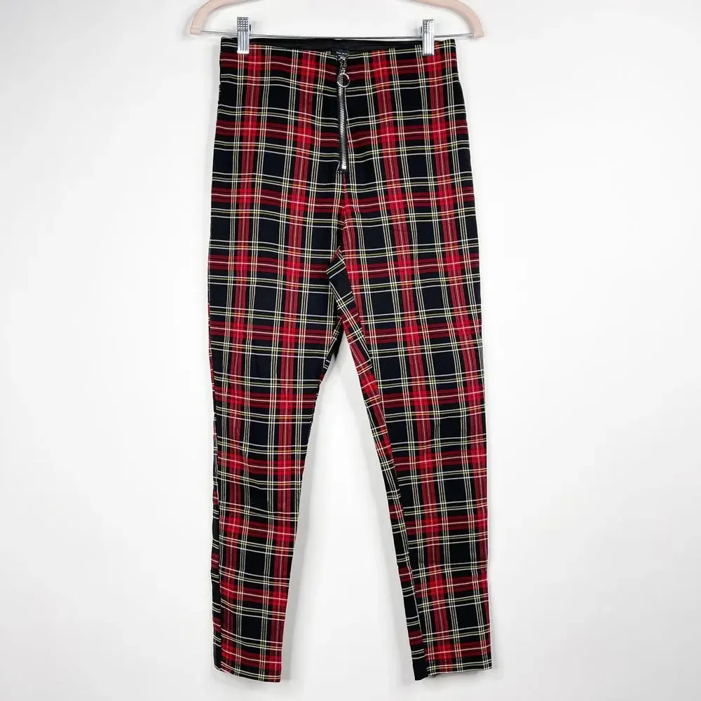 2/$30 ZARA Tartan Plaid Zip-up Skinny Pants Ring Pull Medium Red Black #7310 - Picture 3 of 16